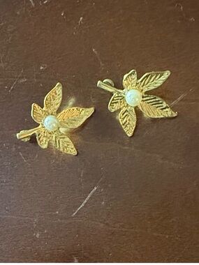 Gold Leaf Pearl Accent Stud Earrings - Women Jewelry